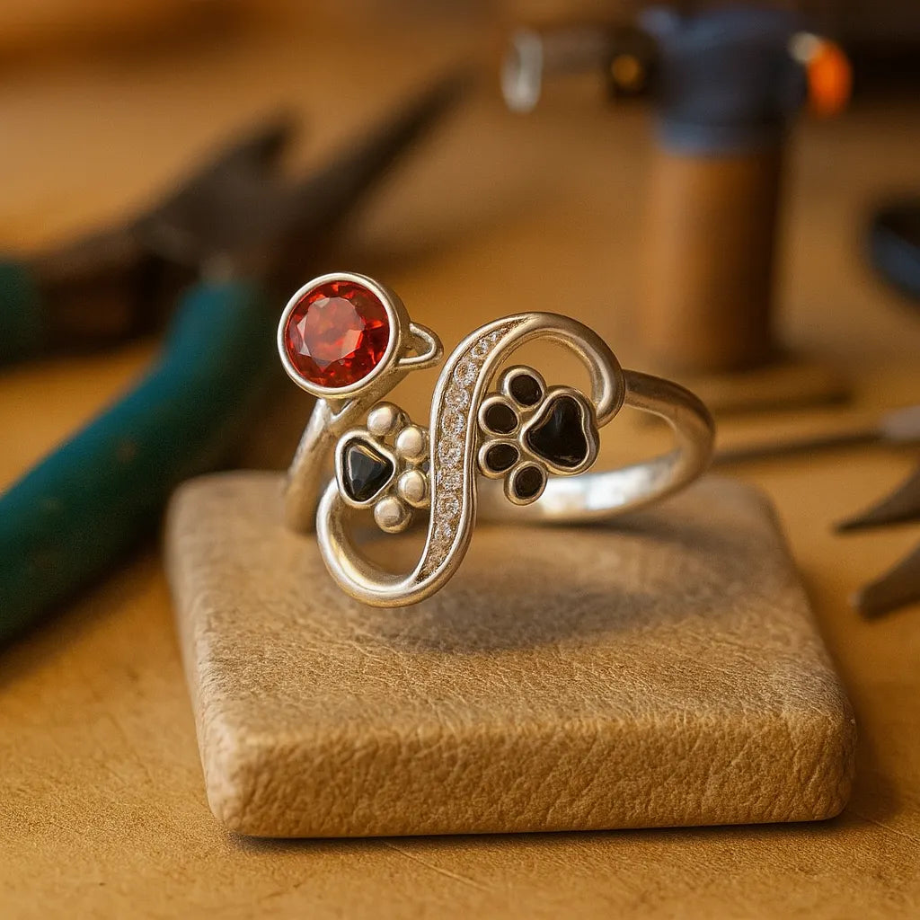 Black Paw Print Adjustable Ring With Red Gemstone