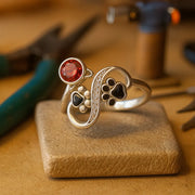 Black Paw Print Adjustable Ring With Red Gemstone