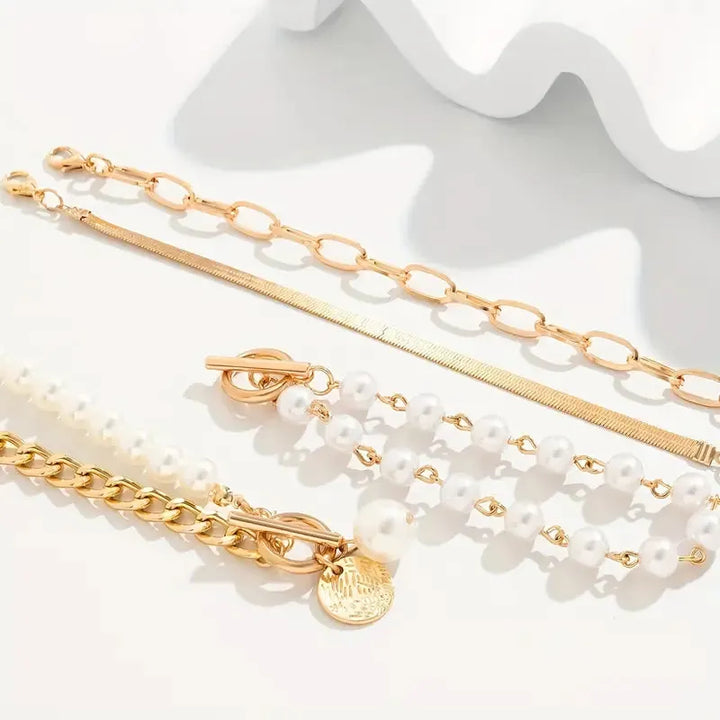 Chic Gold 4-Piece Bracelet Set - Snake, Pearls & Links | Gold – view 2