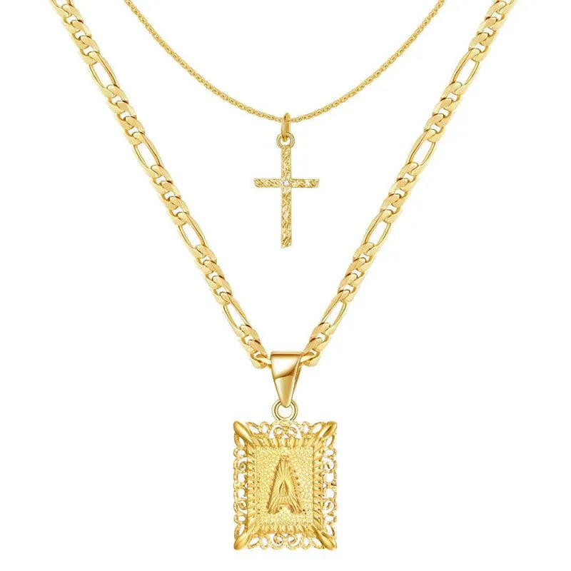 Cross Initial Necklace Set | Gold