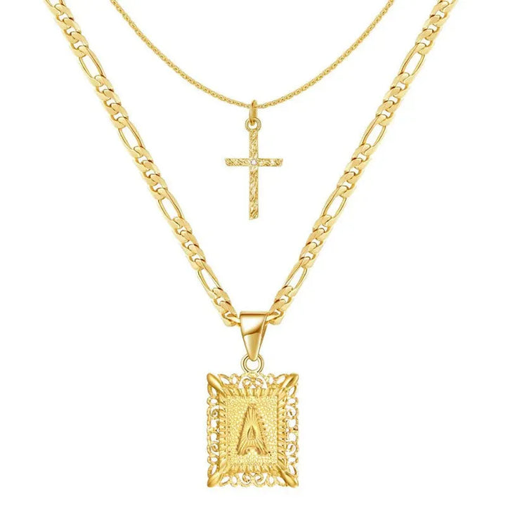 Cross Initial Necklace Set | Gold