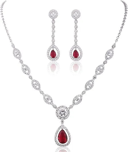 Ruby Halo Necklace and Earrings Set | White Gold