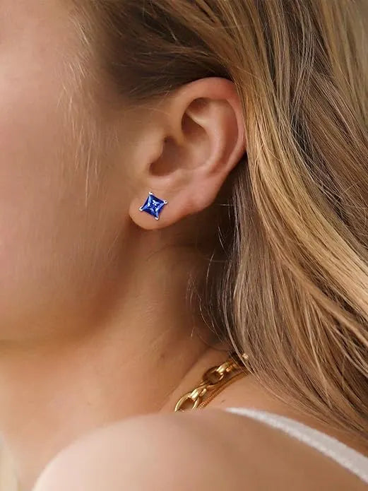 Minimalist Princess Cut Sapphire Stud Earrings | White Gold – view 2