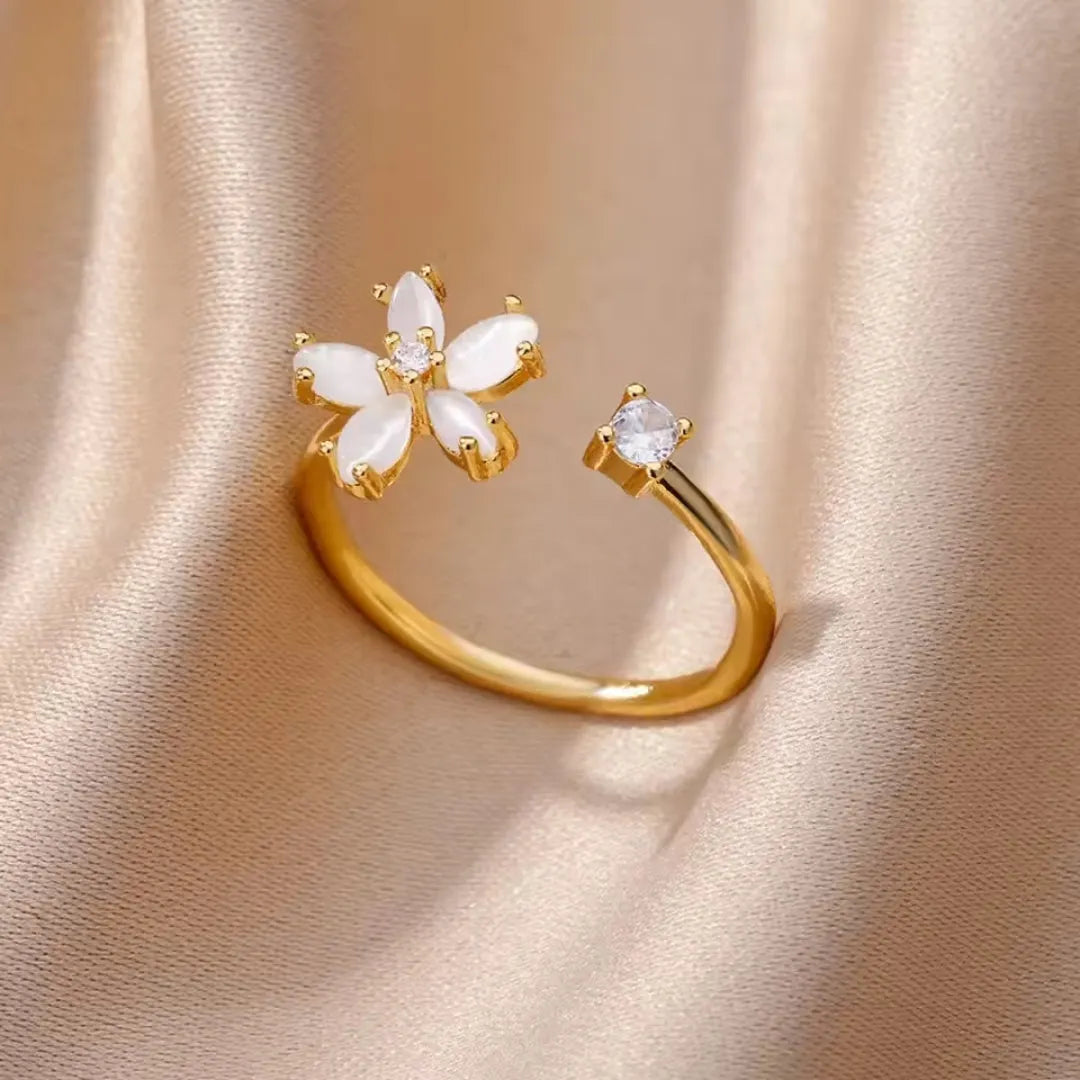 Adjustable Zirconia Flower Gold Ring