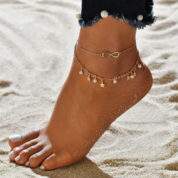 Infinity Anklet Bracelet + Pearls and Stars | White Gold – view 2