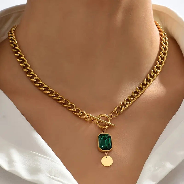 Chunky Chain Emerald Pendant Necklace | Gold – view 2