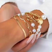 Chic Gold 4-Piece Bracelet Set - Snake, Pearls & Links | Gold – view 3