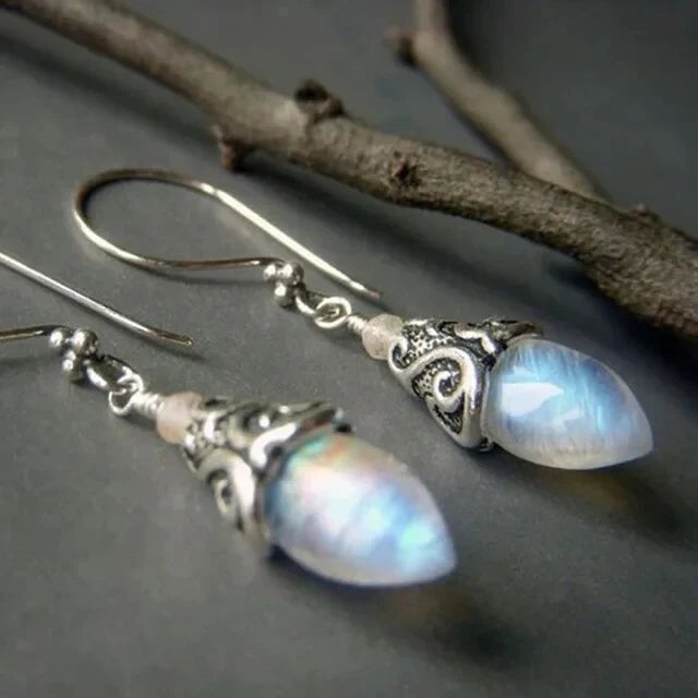 Antique Moonstone Drop Earrings | White Gold