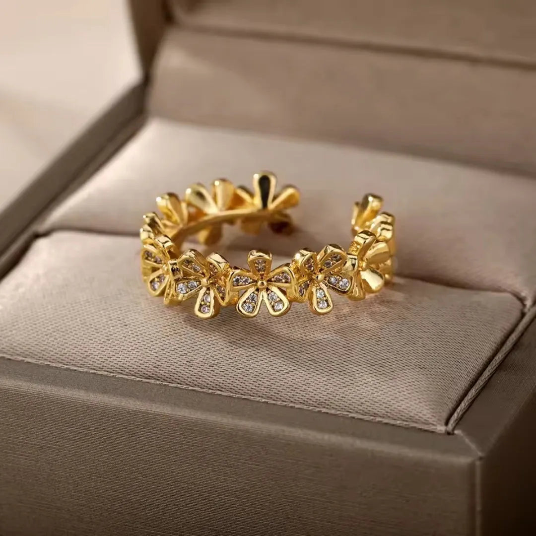 Adjustable Zirconia Blossom Gold Ring